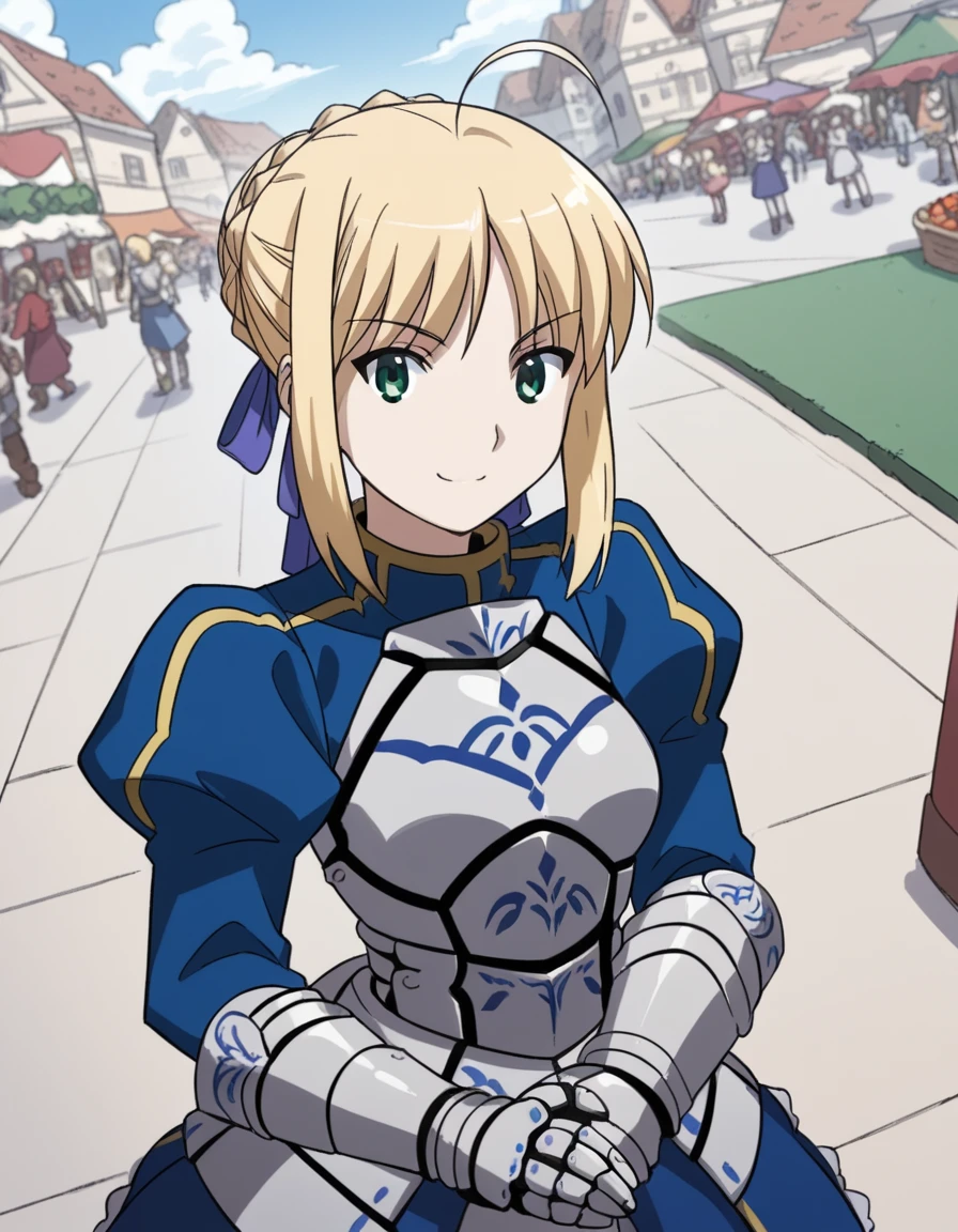 score_9, score_8_up, score_7_up, source_anime, <lora:carnivalphantasm-arthoria-pendragon-ova-ponyxl-lora-nochekaiser:1>, arthoria pendragon, artoria pendragon (fate), saber, blonde hair, green eyes, ahoge, sidelocks, hair bun, single hair bun, braid, french braid, medium breasts,, braid, dress, ribbon, hair ribbon, armor, gauntlets, armored dress,, street market, vendor, street food, bustling crowd, local flavor, vibrant, smile, looking at viewer, from above,, solo,, dutch angle, cowboy shot