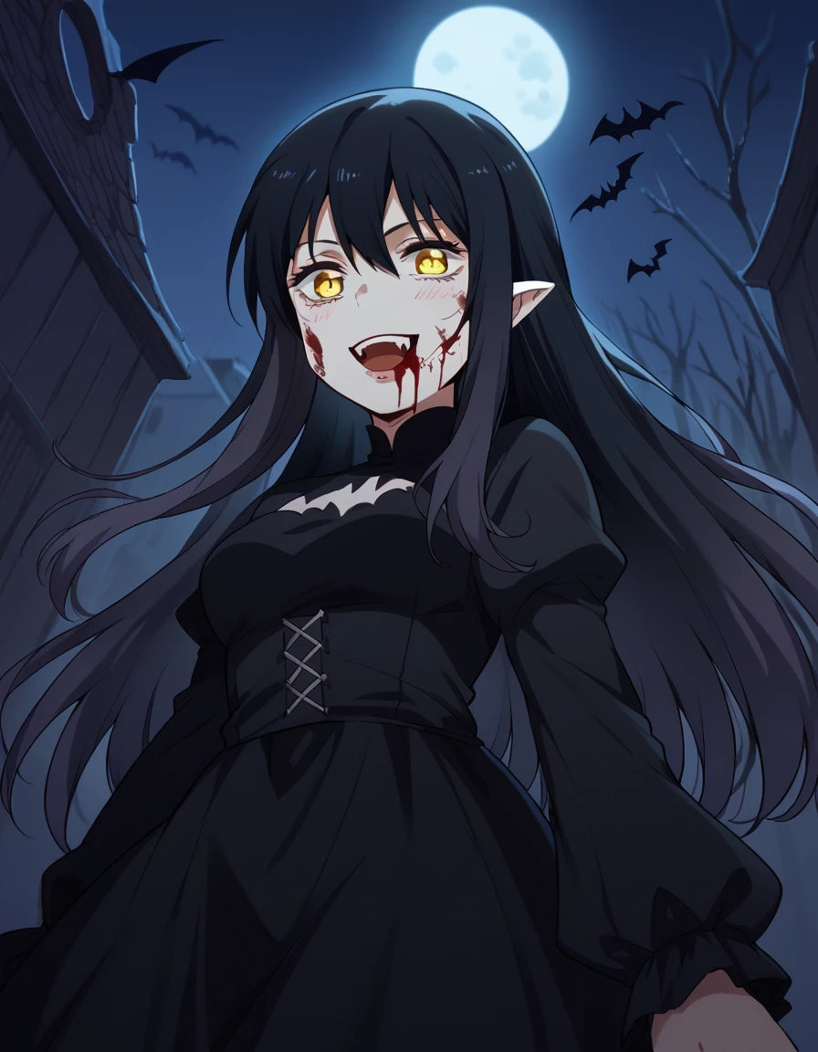 score_9, score_8_up, score_7_up, source_anime, <lora:miko-yotsuya-s1-ponyxl-lora-nochekaiser:1>, miko yotsuya, long hair, bangs, black hair, hair between eyes, yellow eyes, medium breasts,, <lora:vampire-ponyxl-lora-nochekaiser:1>, vampire, red eyes, pointy ears, fangs, black dress, wings, blood, blood on face, blood on mouth, bat (animal), halloween, halloween costume, upper teeth only, night, moon, blush, smile, open mouth, , dutch angle, cowboy shot