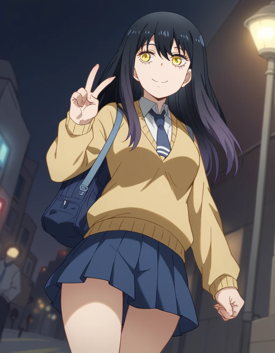 score_9, score_8_up, score_7_up, source_anime, <lora:miko-yotsuya-s1-ponyxl-lora-nochekaiser:1>, miko yotsuya, long hair, bangs, black hair, hair between eyes, yellow eyes, medium breasts,, skirt, shirt, school uniform, pleated skirt, necktie, miniskirt, sweater, blue skirt, blue necktie,, city street, evening, streetlights, walking dog, quiet neighborhood, gentle breeze, smile, , v,, solo,, dutch angle, cowboy shot