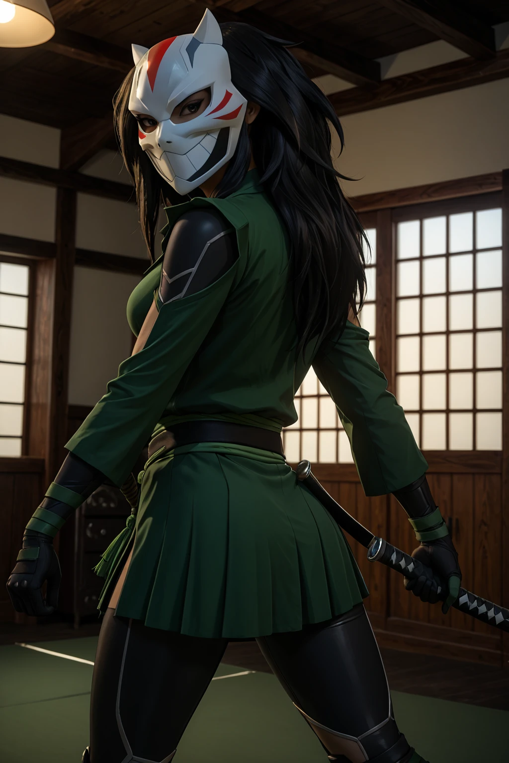 PonyXLV6_Scores BREAK (parody, perfect anatomy, perfect eyes, cowboy shot) BREAK <lora:Cheshire:0.8> jade nguyen, long hair, black hair, dark-skinned female, ((looking back at viewer)), mask, bodysuit, gloves, skirt, large breasts, curvy, toned, athletic, action pose, martial arts, holding weapon, sai, indoors