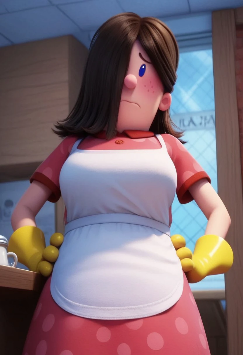 edith (captain underpants), 1girl, dark brown hair, hair over one eye, hair covering one eye, dot blue eyes, freckles, blush, pink polka dot dress, short sleeves, white apron, yellow dishwashing gloves, pink mary janes, white socks, plump, Expressiveh, shy, score_8_up, score_7_up, BREAK, 1girl, solo, looking at viewer, cute, from below, hands on hips, head tilt, female focus, looking at viewer, detailed background, 4k, masterpiece, best quality, highly detailed, realistic, low-angle shot, realistic, 3d,