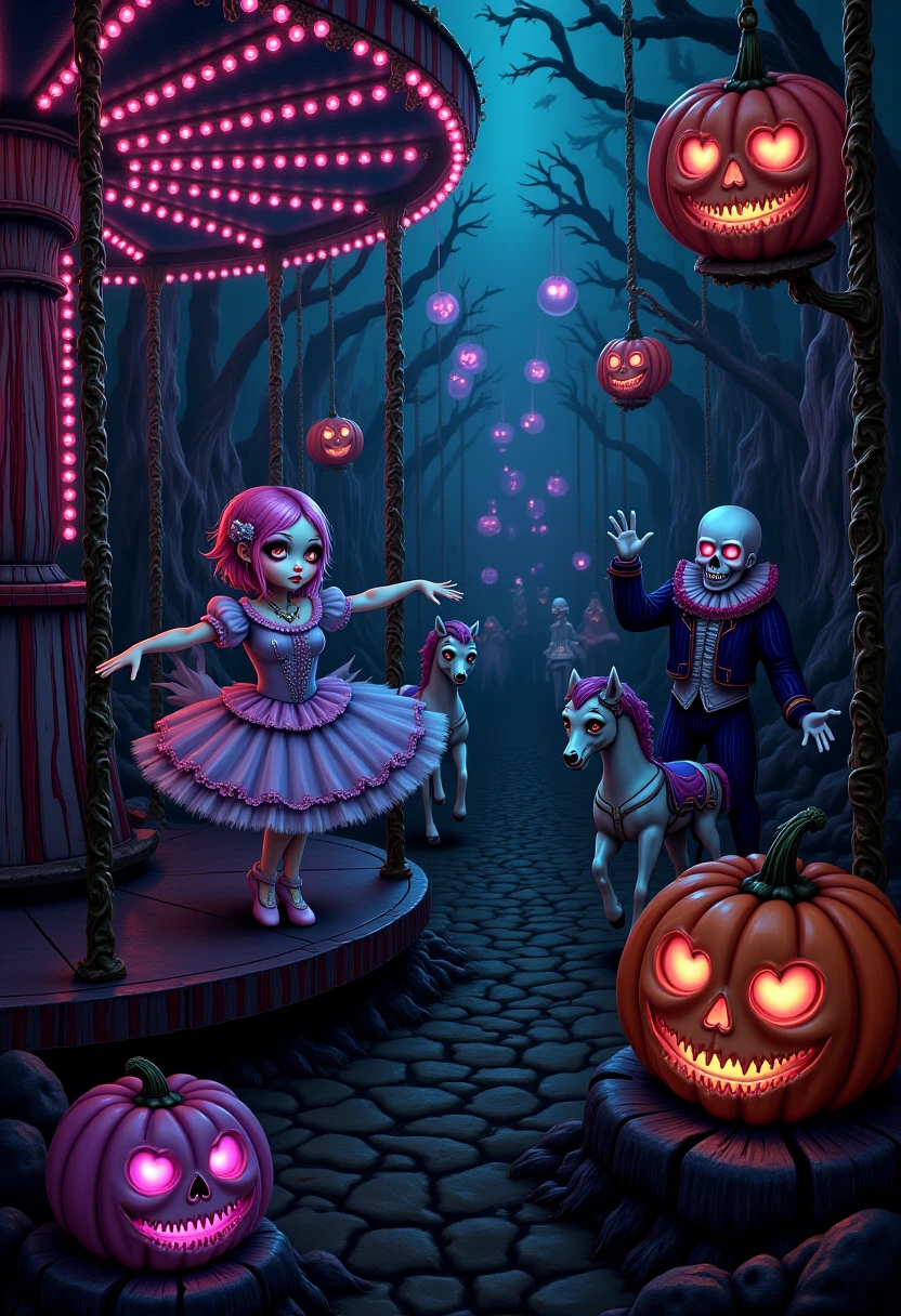 A dark circus where pastel goth characters blend with twisted carnival ridesâa ballerina  with soft pink hair spins on a carousel made of skeletal horses, and a clown with  a heart-shaped skull face juggles pastel pumpkins. The scene feels like a cross between  a horror anime and a dreamlike, otherworldly Halloween festival, with the pastel colors  enhancing the eerie, gothic atmosphere.  , PastelGothDarkCircusDaal