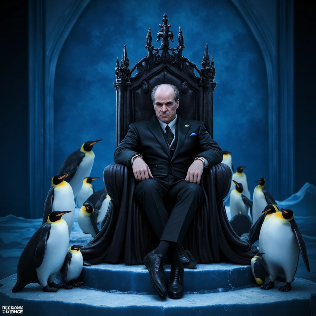 <lora:dark cinematic style v1 (The Batman 2022):0.9>
Oswald Cobblepot a man sitting on a throne surrounded by penguins, detailed background, cinematic shadows, cinematic dark color, chiaroscuro style, perfect cinematic image, perfect body, perfect anatomy, sharp image, detailed image, high quality photography, cinematic skin tone color, cinematic skin pore, cinematic photography style, dark cinematic style, male, sitting, copyright name, bird, animal, ice, penguin, throne, blue moonlight from abov