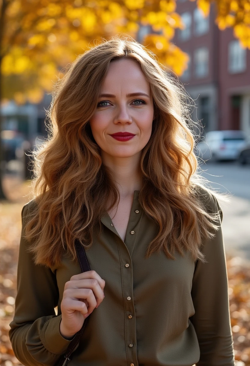 "an amateur photo of sarahbosetti, a woman, wearing lipstick and modest casual autumn clothes on a sunny autumn day.