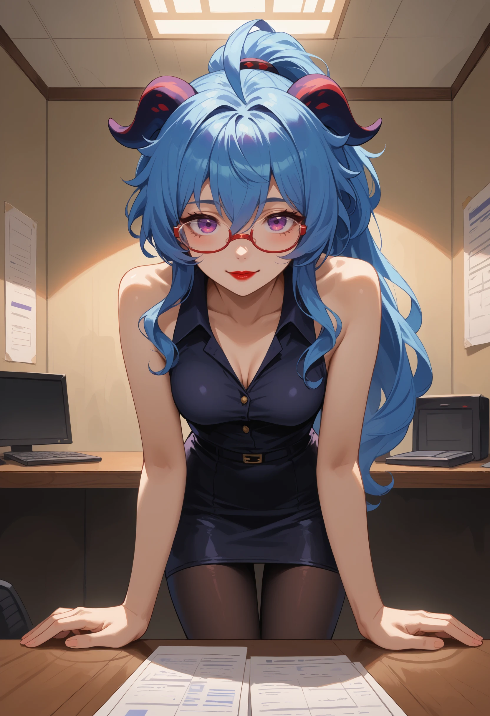 score_9,score_8_up,score_7_up,source_anime,1girl,solo,<lora:Isekgiganyu:1>,isekgignyu,blue hair,purple eyes,long hair,ahoge,sidelocks,bare shoulders,medium breasts,goat horns,thighs,high ponytail,hair between eyes,
pencil skirt,collared shirt,(black shirt:1.1),black skirt,pantyhose,semi-rimless eyewear,light smile,red lipstick,hanging breasts,leaning forward,sleveless shirt,office background,indoor,black pantyhose,bare arms,first person view,