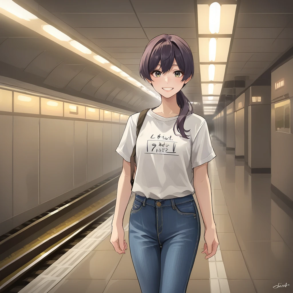 score_9, score_8_up, score_7_up, score_6_up, score_5_up, score_4_up, zPDXL2,source_anime,rating_questionable,1girl, jeans, shirt, solo, tourist, looking at viewer, cowboy shot, smile,  <lora:Subway_Station:0.8> sbw4y, indoors,railway tracks, lights, signs, shinkansen, bullet train