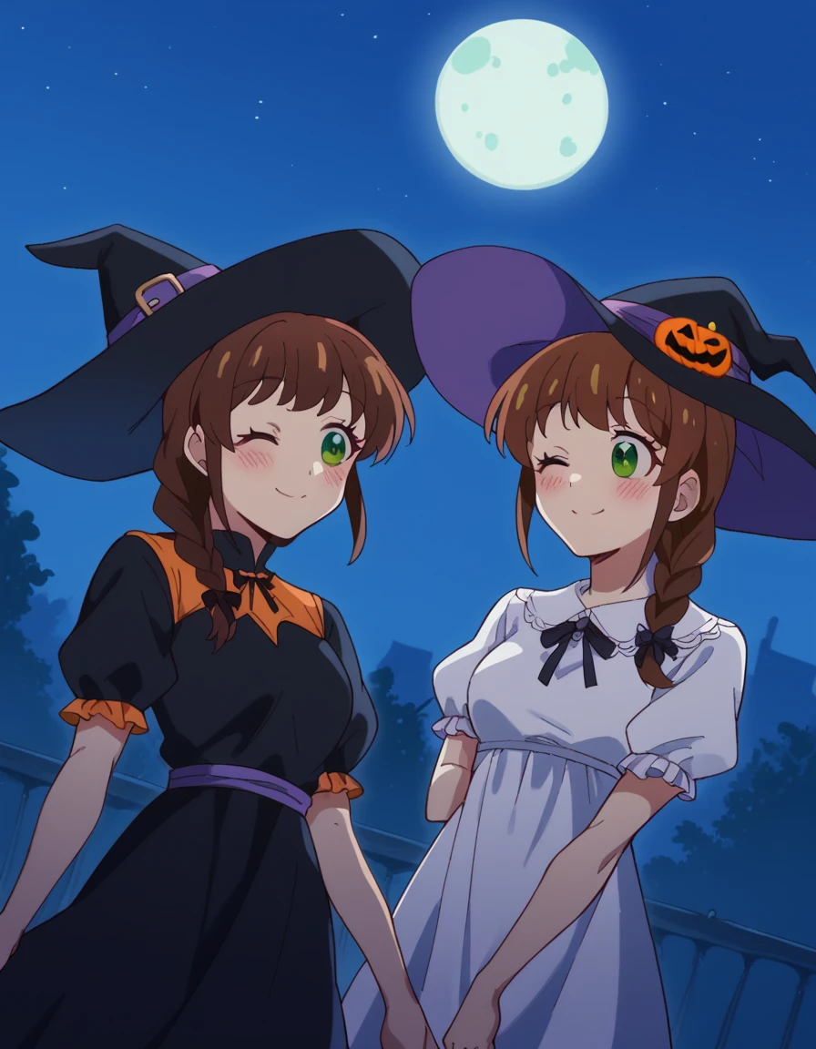score_9, score_8_up, score_7_up, source_anime, <lora:shiori-sakurazaka-s1-ponyxl-lora-nochekaiser:1>, shiori sakurazaka, brown hair, green eyes, braid, braided ponytail, medium breasts,, <lora:witch-ponyxl-lora-nochekaiser:1>, witch, hat, witch hat, dress, halloween, halloween costume, jewelry,, night, moon, blush, smile, one eye closed,, , dutch angle, cowboy shot