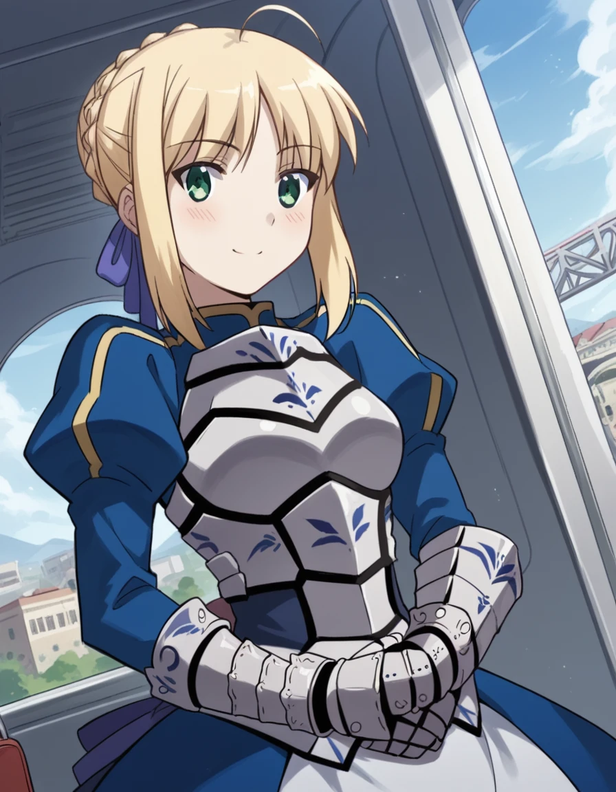 score_9, score_8_up, score_7_up, source_anime, <lora:carnivalphantasm-arthoria-pendragon-ova-ponyxl-lora-nochekaiser:1>, arthoria pendragon, artoria pendragon (fate), saber, blonde hair, green eyes, ahoge, sidelocks, hair bun, single hair bun, braid, french braid, medium breasts,, braid, dress, ribbon, hair ribbon, armor, gauntlets, armored dress,, train station, waiting for train, suitcase, traveling, commute, city skyline, hands behind back,, smile, looking at viewer, hands on stomach, blush,, solo,, dutch angle, cowboy shot