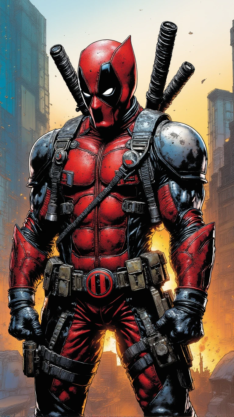 best quality,masterpiece,highly detailed,ultra-detailed, superhero, powerful, heroic, iconic, larger-than-life, justice, colorful, action-packed , Deadpool, Red and black mask and suit with multiple weapons ,  QVL style  