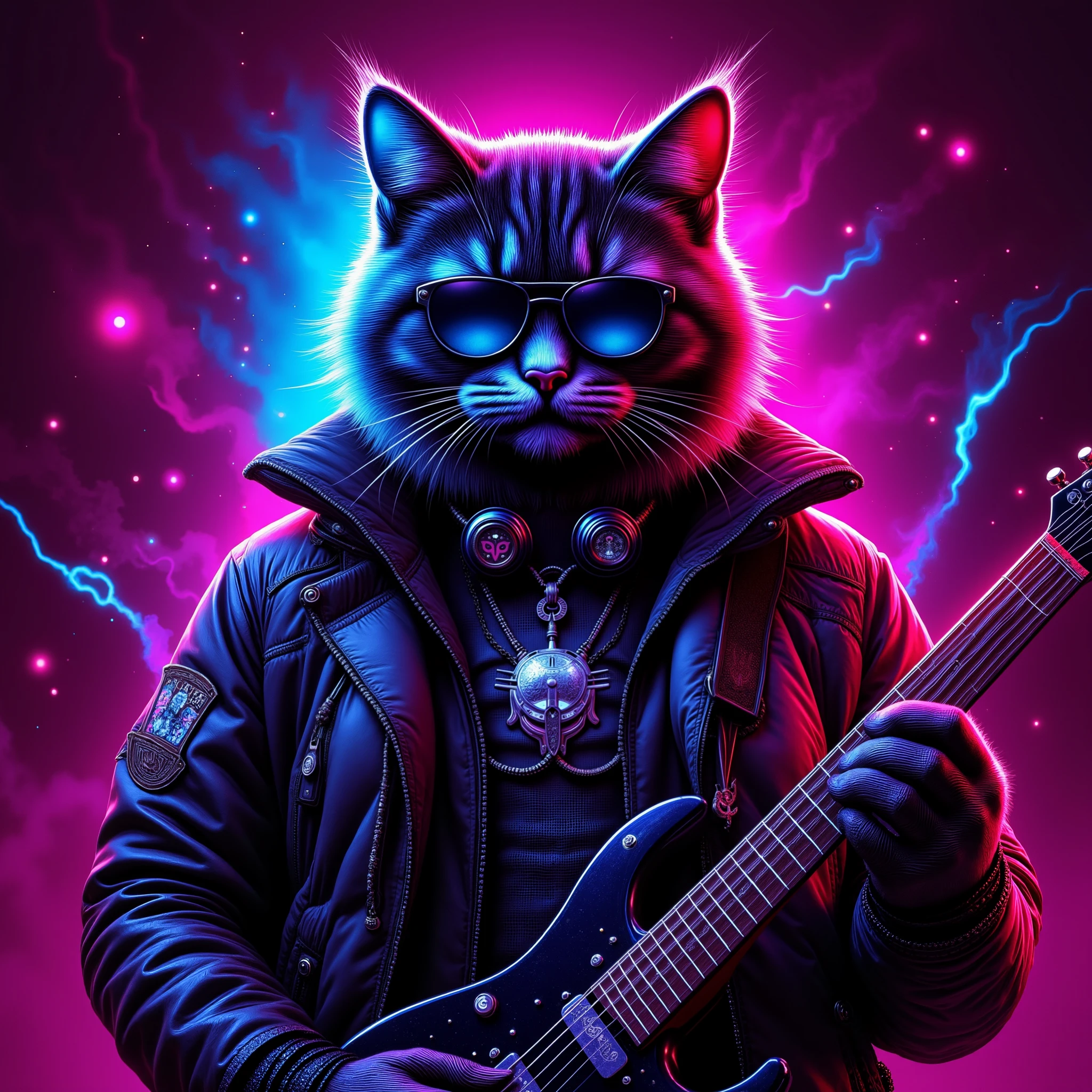 A cool looking cyberpunk cat playing a guitar, wearing sunglasses