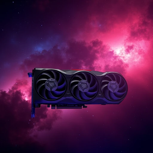 A Radeon RX 7900 XTX floating in space with a bright nebula with red and purple highlights is seen around it, vibrant colors, realistic, photo taken by camera.