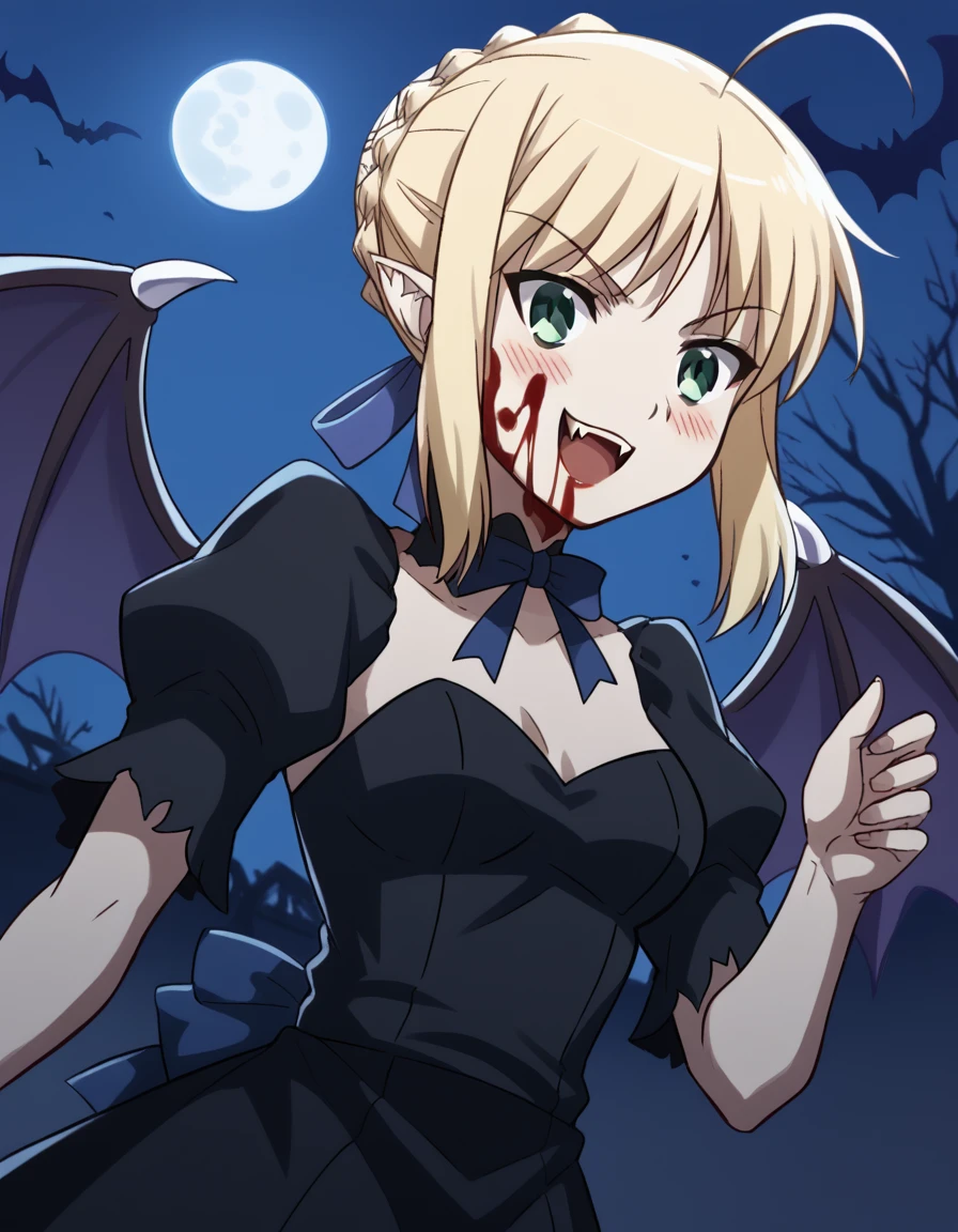 score_9, score_8_up, score_7_up, source_anime, <lora:carnivalphantasm-arthoria-pendragon-ova-ponyxl-lora-nochekaiser:1>, arthoria pendragon, artoria pendragon (fate), saber, blonde hair, green eyes, ahoge, sidelocks, hair bun, single hair bun, braid, french braid, medium breasts,, <lora:vampire-ponyxl-lora-nochekaiser:1>, vampire, red eyes, pointy ears, fangs, black dress, wings, blood, blood on face, blood on mouth, bat (animal), halloween, halloween costume, upper teeth only, night, moon, blush, smile, open mouth, , dutch angle, cowboy shot