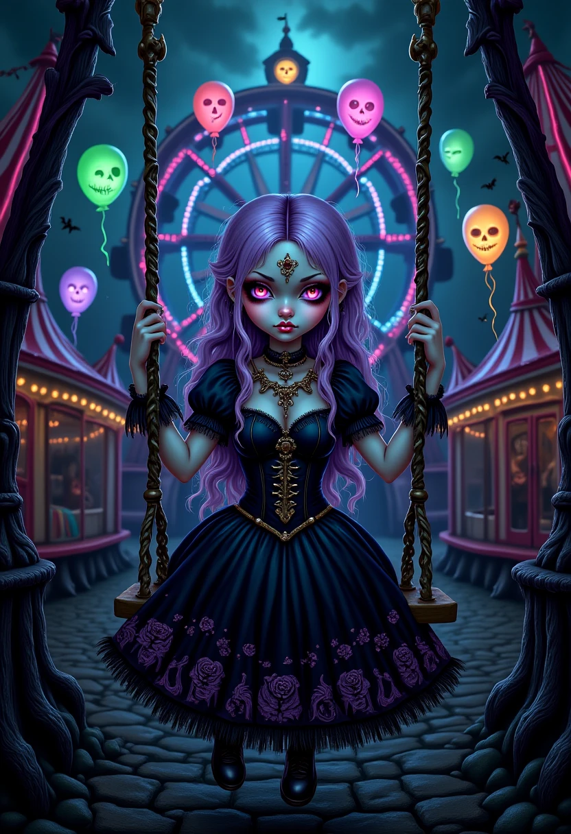 A pastel goth figure with lavender hair and skeletal face paint sits on a swing  in a haunted carnival. Behind her, pastel balloons float eerily in the air, and  the Ferris wheel is cast in soft, spooky pink and green tones. The scene blends  Halloween creepiness with the dreamy, soft colors of pastel goth fashionâlike an  illustration for a gothic fairy tale.  , PastelGothDarkCircusDaal