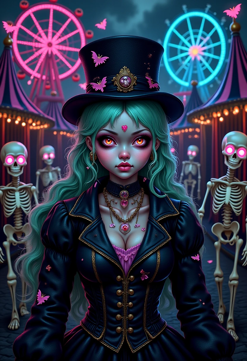 A pastel goth ringmaster with flowing mint green hair, holographic skin, and a  black velvet hat leads a crowd of Halloween creaturesâpastel-colored bats, skeletons  with heart-shaped eyes, and clowns with sugar-skull makeup. The circus rides in the  background are pastel goth nightmares: Ferris wheels shaped like glowing moons,  and carousels where the horses are skeletons wrapped in pastel ribbons. It feels like  a candy-coated Halloween dreamscape, surreal and eerie at once.  , PastelGothDarkCircusDaal