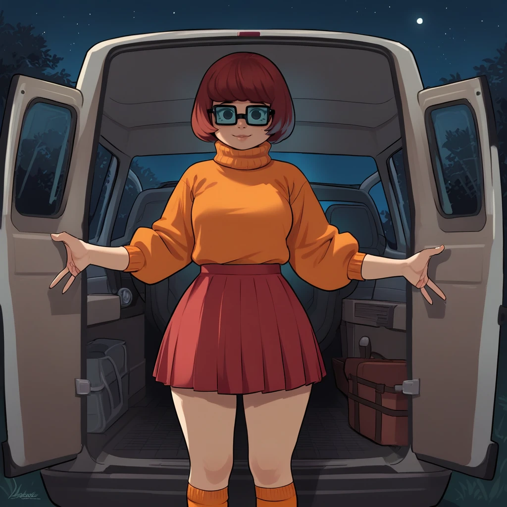 score_9, score_8_up, score_7_up, score_6_up, score_5_up, score_4_up, zPDXL2,source_anime,rating_questionable, 1girl,  solo,  cowboy shot, looking at viewer, velma dinkely, orange sweater, red skirt, glasses, night, evening, sunset, <lora:Van_Interior:0.8>v4n,van, open doors, outdoors,