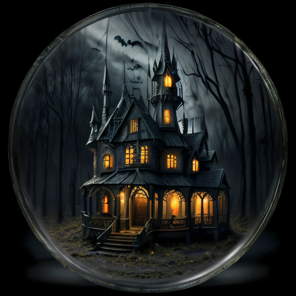 masterpiece, intricate photo, marvelous enchanted swamp, super refined detailed haunted house in a glass bottle, fantastic magic forest, gothic style, vampire style, dark art, halloween style, pumpkins, photo realistic, highly detailed, sharp focus, cozy outdoor lighting, best quality, high resolution, 8K,  <lora:GlassBottle:0.9>