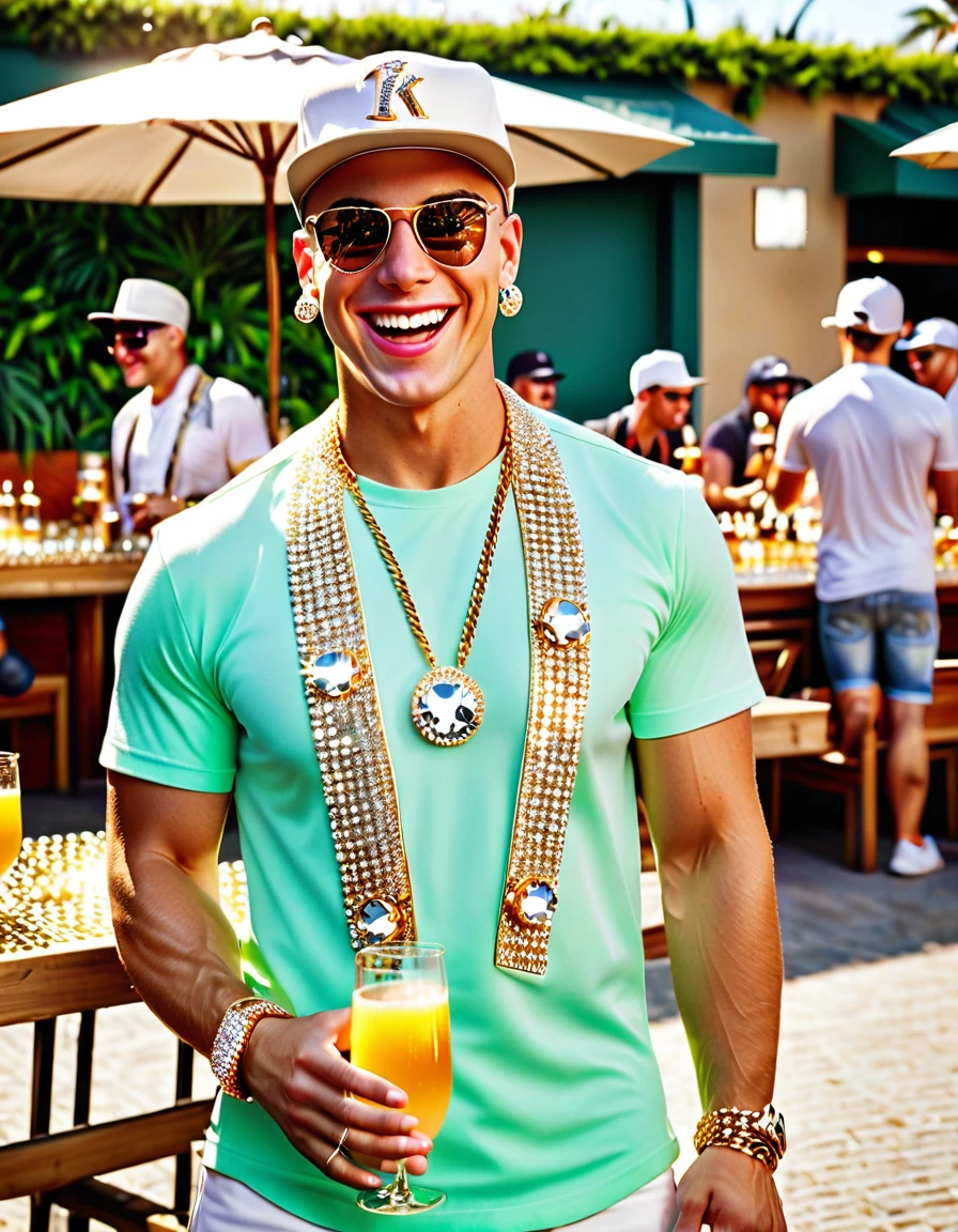 UHD, 8K, ultra detailed, highly realistic photo of full shot photo, attractive  pale-skinned Caucasian man wearing open shirt blingbling, smile, visible teeth, baseball cap, earrings, sneakers, background is a large outdoor restaurant dining area with tables filled with attractive men drinking mimosas on a clear summer day, (high resolution 8K photo quality:1.3)