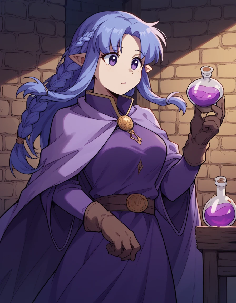 score_9, score_8_up, score_7_up, source_anime, <lora:carnivalphantasm-medea-ova-ponyxl-lora-nochekaiser:1>, medea, blue hair, long hair, purple eyes, purple hair, braid, hair braid, single braid, pointy ears, medium breasts,, <lora:wizard-ponyxl-lora-nochekaiser:1>, wizard, wizard hat, robe, dress, long sleeves, gloves,, indoors, bricks, potion, flask, vial,, cowboy shot,, , dutch angle, cowboy shot