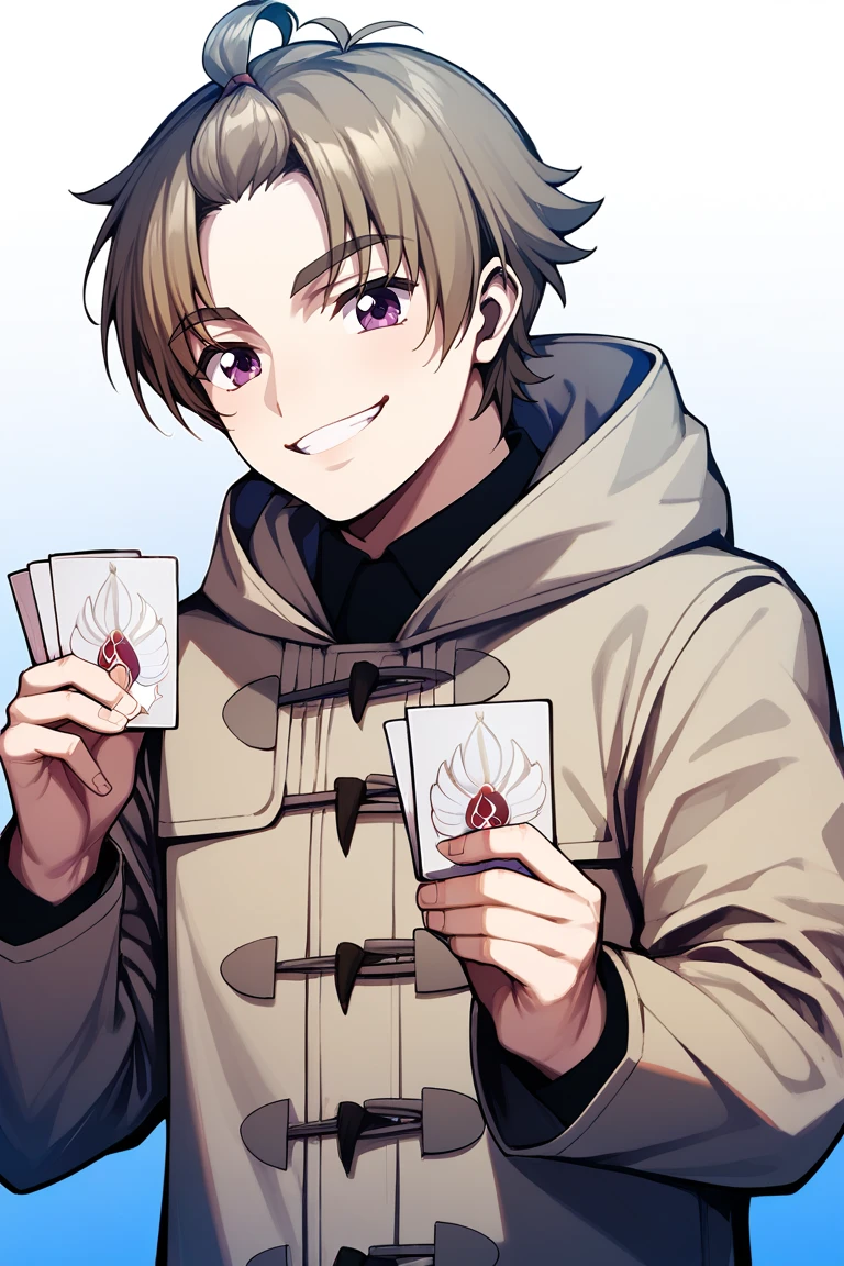 score_9,score_8_up,score_7_up,score_6_up,score_5_up,score_4_up,source_anime BREAK shinobu kajita, 1boy, male focus, solo, brown hooded duffle coat, smile, card, looking at viewer, gradient background, holding, holding card, blue background, stage lights