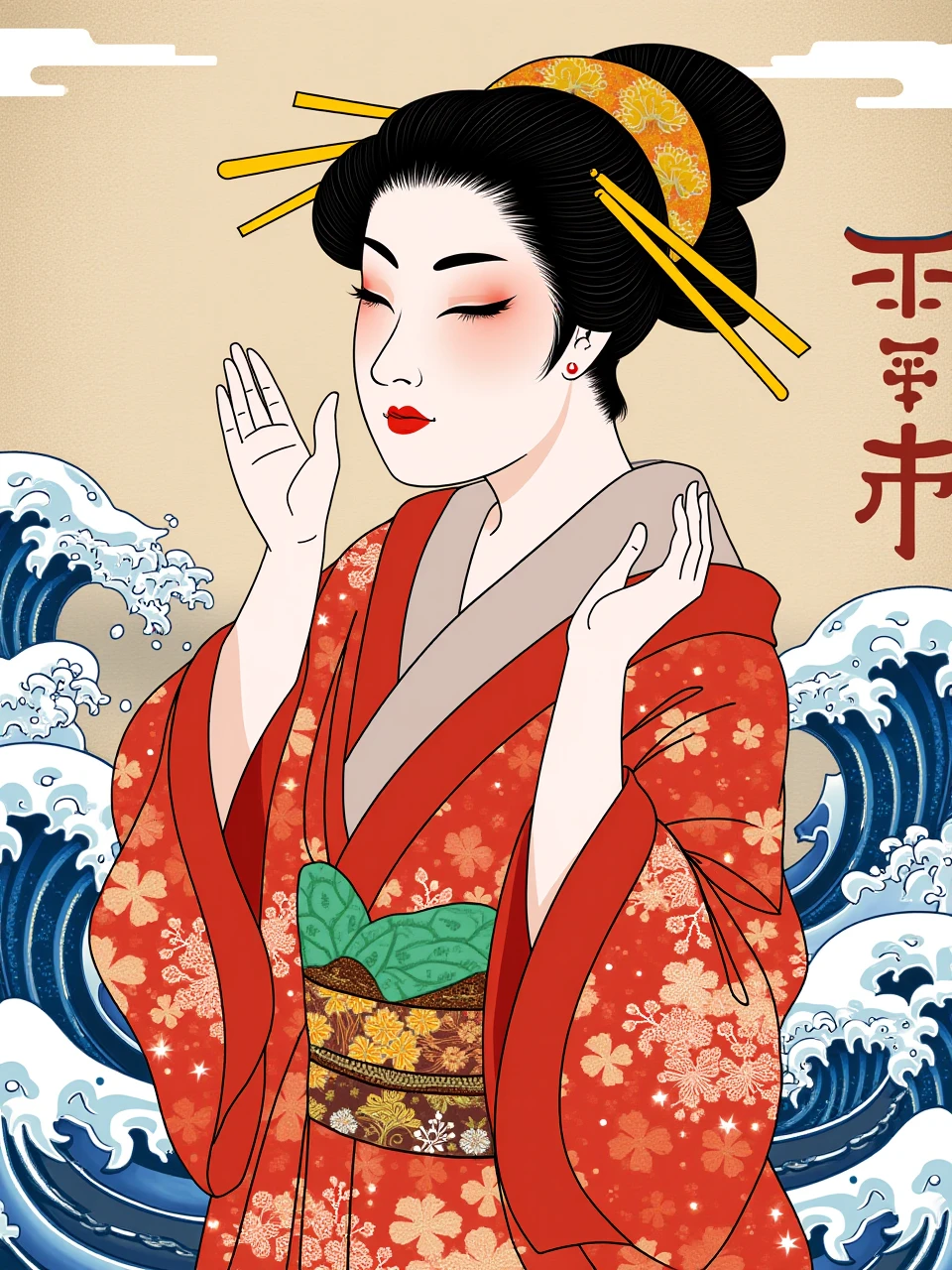 This is a work of ukiyo-e. Portrait of a Japanese woman in kimono.Ukiyo-e style pier and waves background.