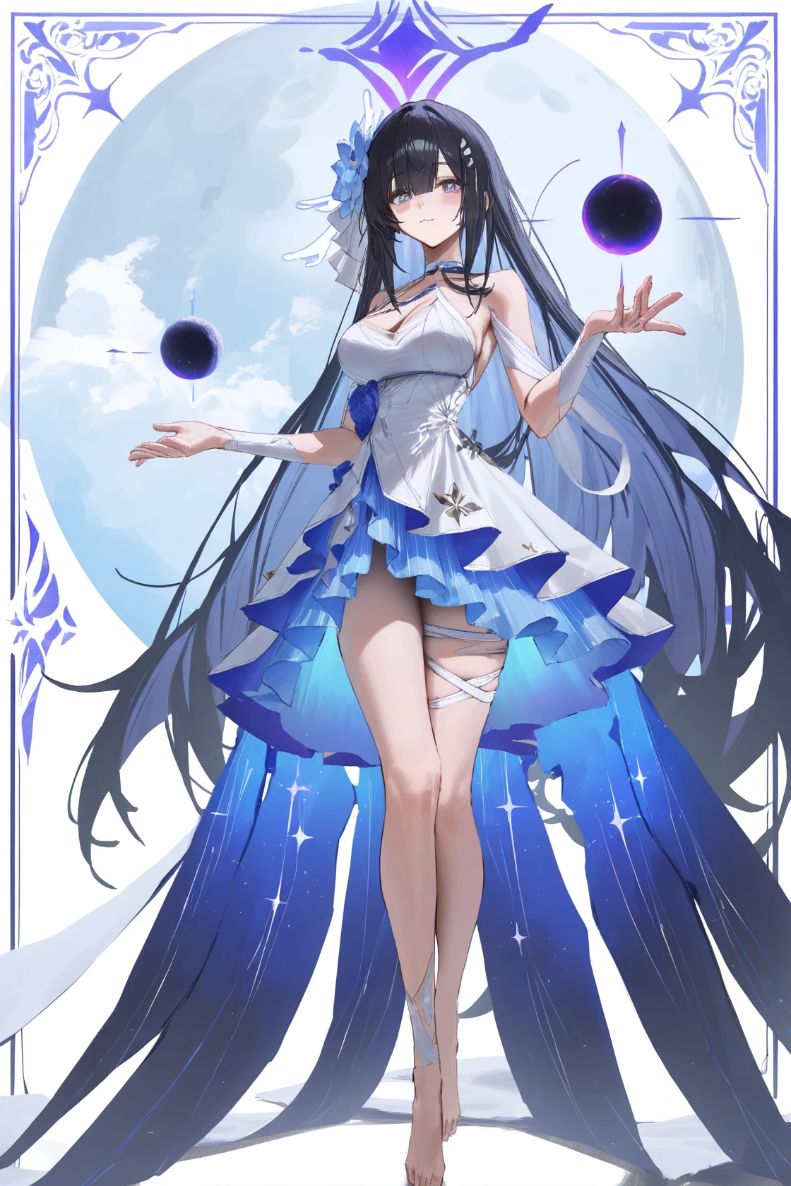 ((A very far view)) of a anime girl, (standing in the moon), cinematic light, slim body with curves, skin perfectly white, soft, and smooth, Extremely delicate and beautiful CG illustration, best quality, high resolution, dynamic angle, full-length lens, (1 girl), soft light, high-key lighting), glowing light, blue aura, feathers fluttering background, blue crystal, black long hair, barefoot