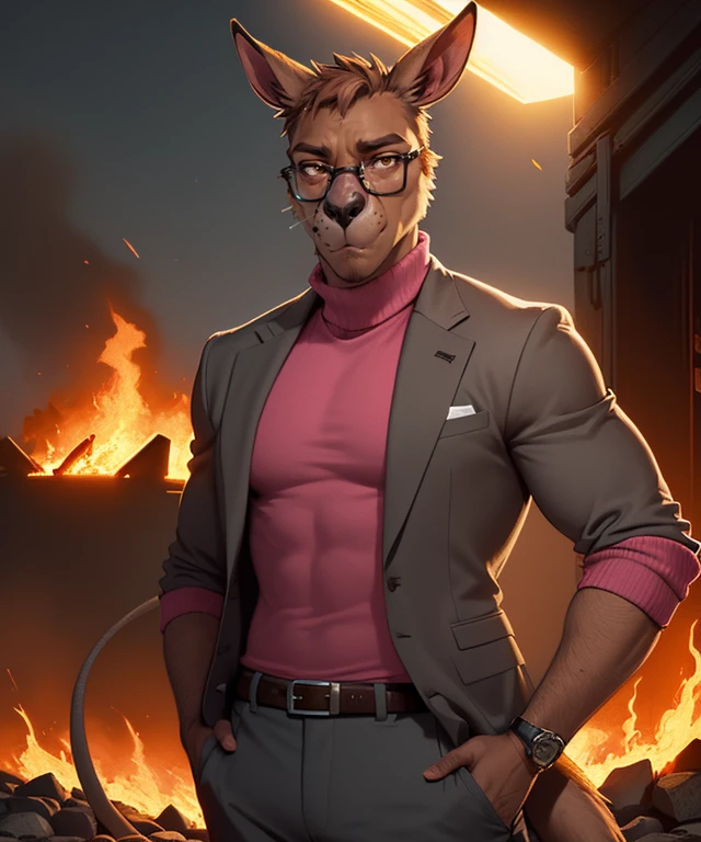 (masterpiece:1.2), best_quality, official_art, ultra_detailed, (tgbooga:1.2), male focus, 1boy, brown_eyes, (brown_hair:1.2), short_hair, furry, animal ears, (furry male:1.5), tail, (kangaroo:1.2), (BoogaBlazer:1.5), (gray_blazer:1.2), gray_slacks, (pink_turtleneck:1.2), pink_shirt, rolled_sleeves, (spectacles:1.2), (dramatic_lighting:1.2), cowboy_shot, apocalypse_background, fire, explosions, <lora:TG_Booga_V1:1>