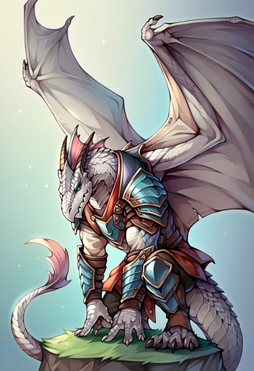 (Narse) score_9 , score_8_up, score_7_up, 2.5d, source_cartoon,   
BREAK
source furry, an anthro white half dragon Beggar wearing Turquoise  scale mail armor, claws, horns, tail, solo, blue eyes,  whitedrg, (white scales:1.5),(dragon tail), membraned wings, wings,