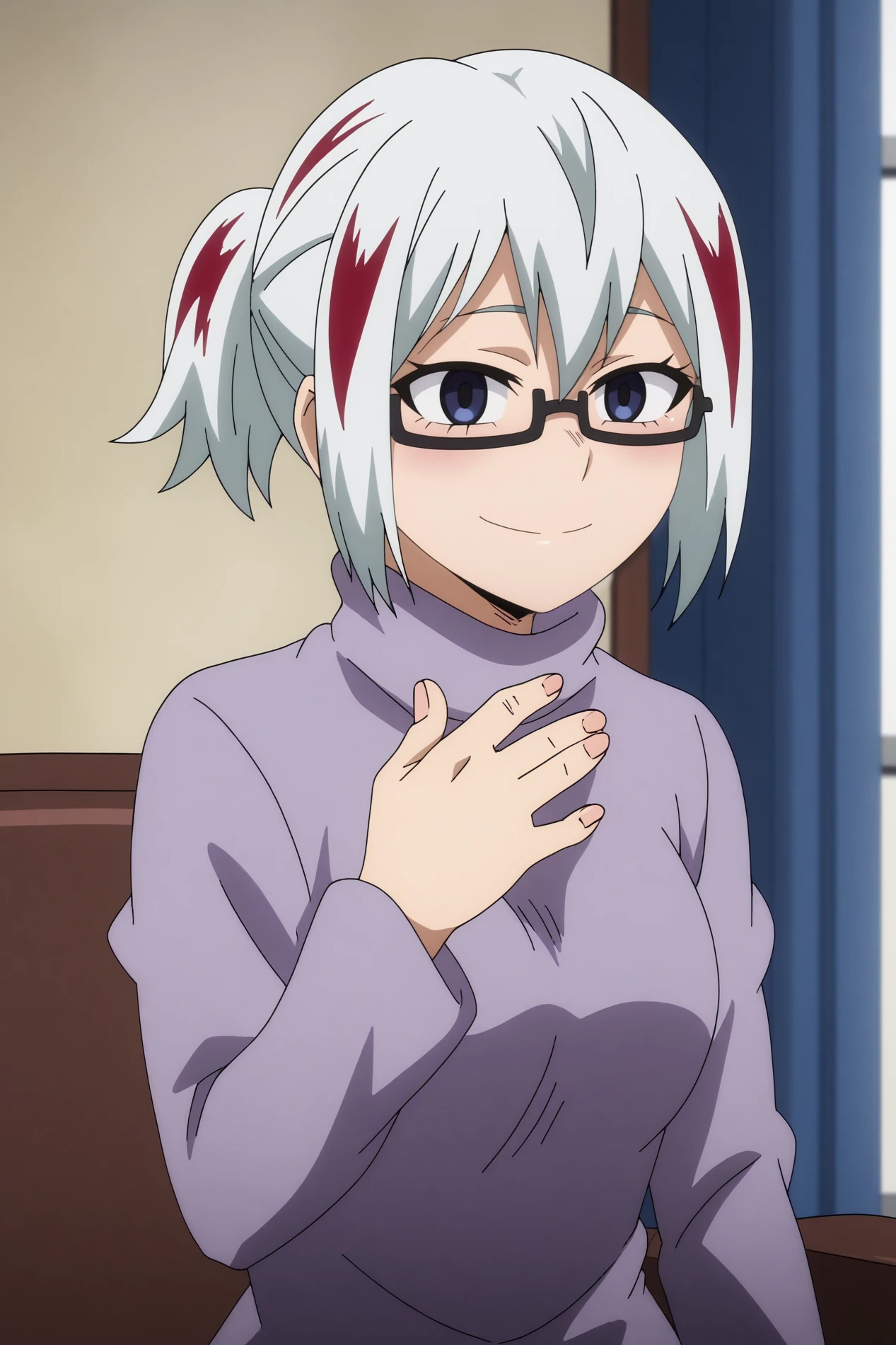  fuyumi todoroki,1girl,solo,glasses,red hair,multicolored hair,grey eyes,semi-rimless eyewear,streaked hair,white hair,turtleneck,sweater,smile,short hair BREAK indoors,house,decoration,windows,curtains,living room,sofa       Placing hand on chest,   <lora:Fuyumi_Todoroki_-_My_Hero_Academia.safetensors:0.8>