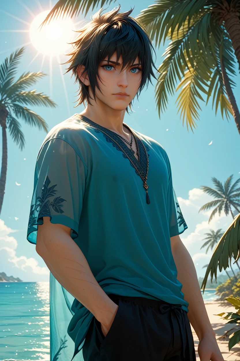 score_9, score_8_up, score_7_up,
<lora:FFNoctis:0.8>
FFNoctis, 1boy, black hair, blue eyes, looking at viewer, standing under a palm tree, turquoise water in the background, serene expression, sun rays filtering through leaves