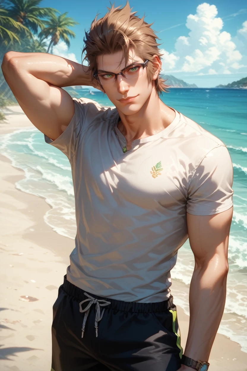 score_9, score_8_up, score_7_up,
<lora:FFIgnis:0.8>
FFIgnis, 1boy, brown hair, green eyes, glasses, looking at viewer, beach, arm behind head, shorts, smirk