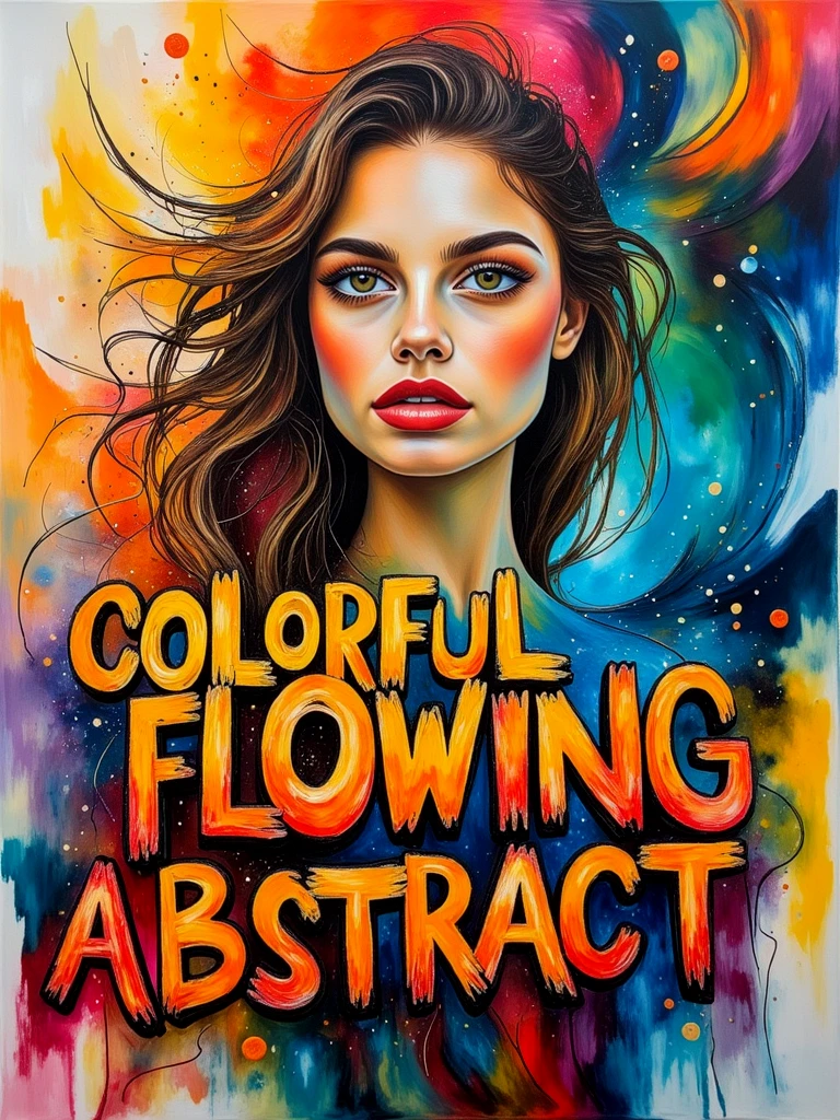 A dramatic abstract painting of a beautiful young woman. Colorful text drawn in strong flowing lettering: "Colorful Flowing Abstract".

FlowAbsCE style

