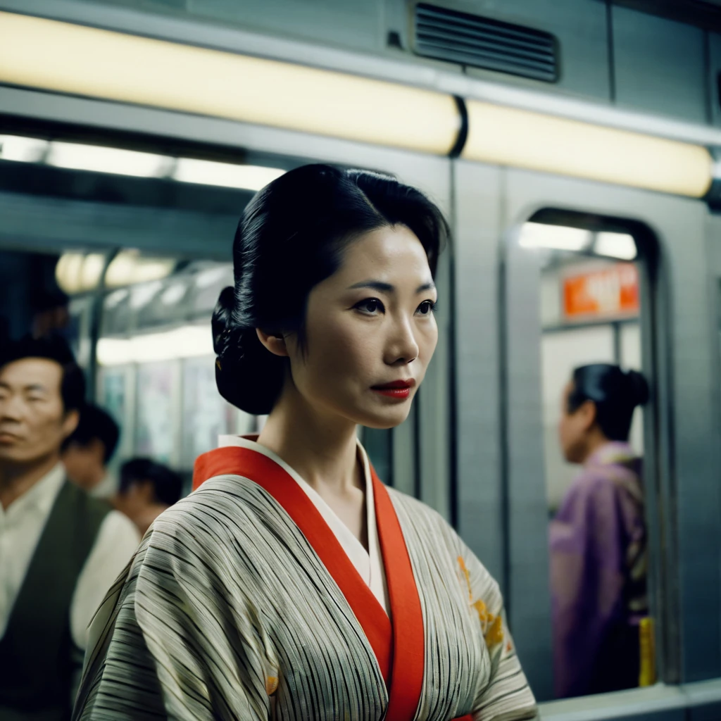 cinematic film still of Kodak Motion Picture Film: (Sharp Detailed Image) An Oscar winning for Best Cinematography a woman in a kimono standing on a subway train in Japan Kodak Motion Picture Film Style, shallow depth of field, vignette, highly detailed, high budget, bokeh, cinemascope, moody, epic, gorgeous, film grain, grainy