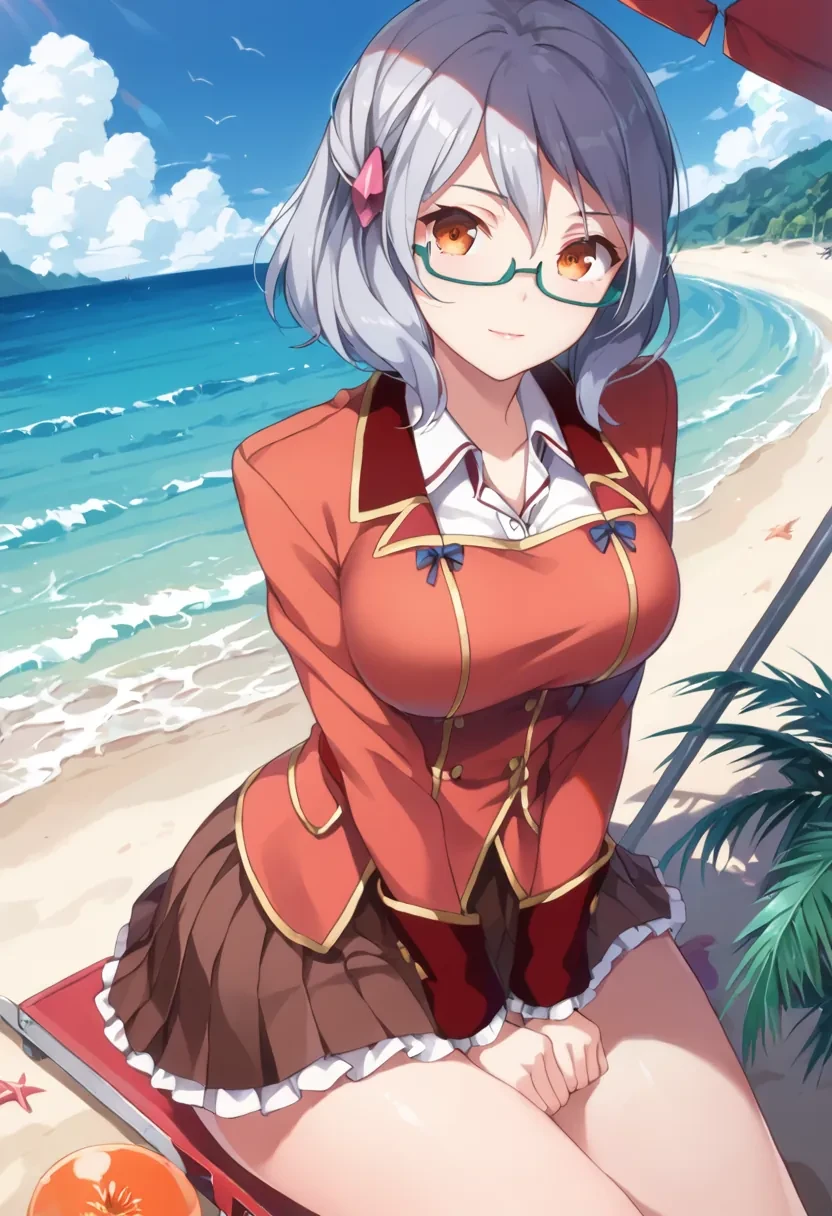 score_9, score_8_up, score_7_up, score_6_up,
masterpiece,

1girl, solo,

Miranda, glasses, orange eyes, hair ornament, semi-rimless eyewear, grey hair, short hair,

red school uniform, skirt, brown skirt,

outside, beach, ocean,