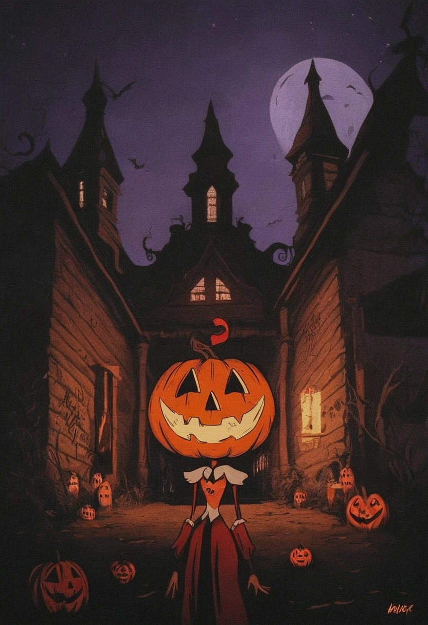 score_9, score_8_up, score_7_up, hllwn, halloween, vintage, moonlit night, supernatural, jack-o'-lanterns, trick-or-treating, haunted house, eerie ambiance, playful mischief, mysterious shadows, delightful spookiness.,A cute helloween doll, This painting captures the enchantment of Halloween, where the border between the living and the supernatural is blurred, and a sense of delightful spookiness fills the night. It's a tribute to a holiday that revels in the unknown, where both young and old embrace the thrill of the eerie and macabre. ,A haunted house stands in the background, with its windows glowing with an unnatural, ghostly radiance. It beckons the curious and the brave to explore its mysteries.ink painting, of a cute helloween doll, Halloween Night, An Enchanting Painting,,street art, vibrant, urban, detailed, tag, mural . graffiti style ,