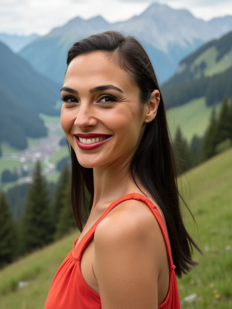 <lora:64164d0t_13F1D-000013:0.9>,(medium closeup) photograph of (beautiful 32 year old) (64164d0t:1.2) woman with dark hair,as an hiker,smiling,wearing a bright summer dress,standing on an austrian hillside,with an alpine forest village on the mountainside in the background,lipstick,makeup and eyeshadow,(upper body),(medium closeup),face focus,(bokeh),facing viewer,rich details,clear shadows and highlights,realistic,highly detailed,sfw,(no visible cleavage),