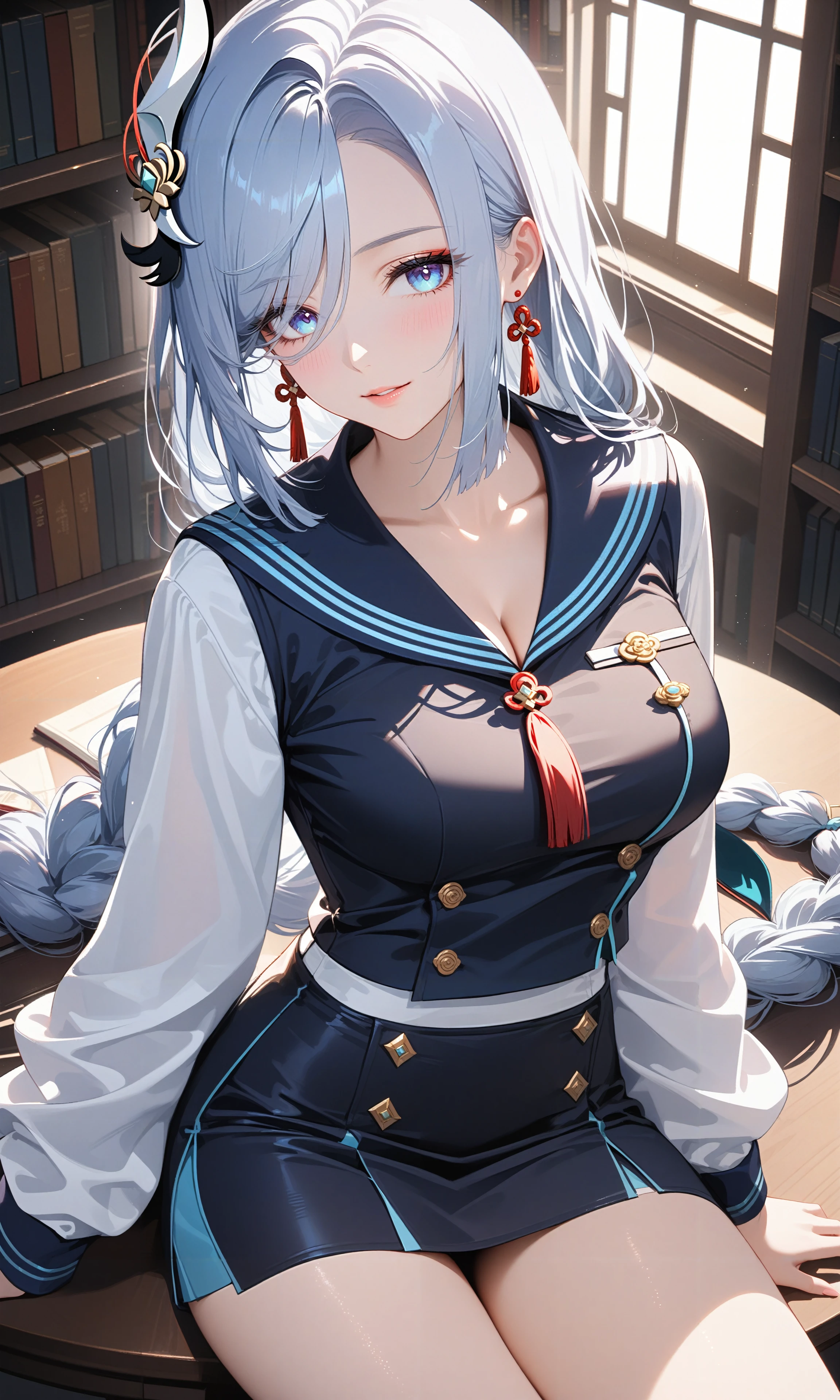 masterpiece,best quality,1girl,solo,medium breasts,
tj_shenhe,hair ornament,sliver hair,long hair,braid,
seductive pose,blush,smile,
a sexy girl in a library,wearing a tight-fitting JK uniform with a navy blue skirt and a white blouse with a blue sailor collar,beautiful detailed eyes,beautiful detailed lips,extremely detailed eyes and face,long eyelashes,sitting on a table with one leg crossed over the other,seductive pose with a slight lean back and hand resting on her thigh,background of bookshelves and dim ambient lighting,detailed textures of the uniform and books,epic lighting,stunning visual impact,close-up shot,from slightly above,capturing her intellectual charm and the quiet,intimate atmosphere,
highly detailed,ultra-high resolution,32K UHD,sharp focus,best-quality,masterpiece,unconventional supreme masterpiece,masterful details,with a high-end texture,in the style of fashion photography,Dynamic Angle,