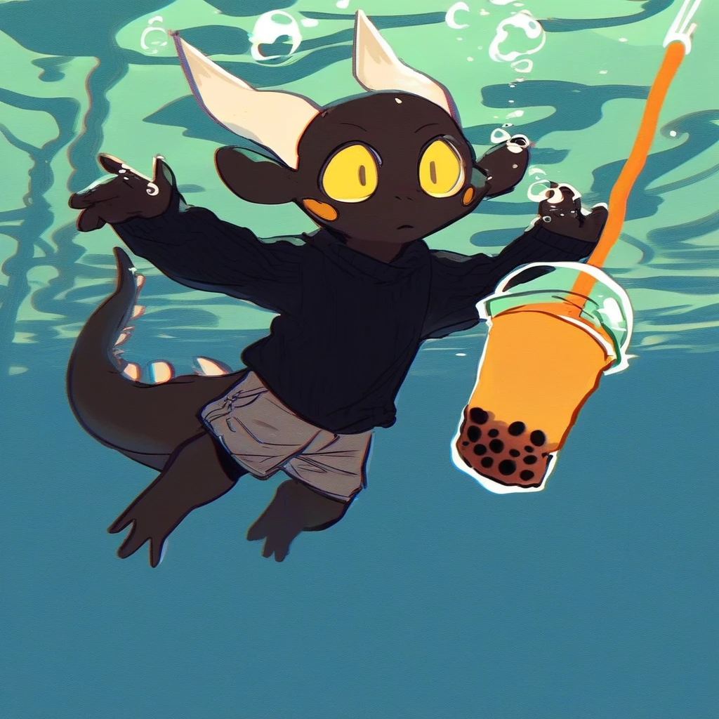 score_9_up, score_8_up, score_7_up, source_furry. mikus-concept, parody, underwater, swimming, album parody, nirvana nevermind, black dragon, black body, white horns, yellow eyes, holding, bubble tea, black sweater, gray shorts,