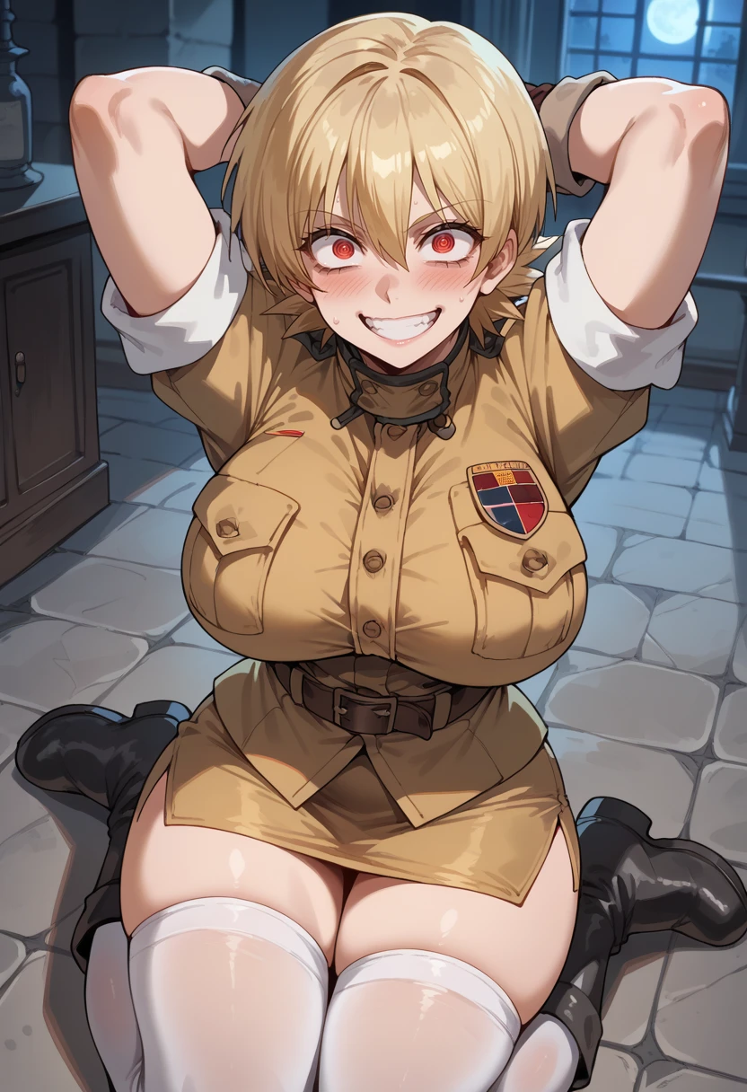 score_9, score_8_up, score_7_up, score_6_up, source_anime, absurdres, highres, 
stone floor, character focus, kneeling, from above, arms up,
seras victoria , 1girl, solo, looking at viewer, blush, grin, crazy eyes, crazy smile, huge breasts, belt, khaki military uniform, arms behind back, armband, sleeves rolled up, pocket, breast pocket, shirt, blonde hair, short hair, red eyes, khaki pencil skirt, zettai ryouiki, white thighhighs, large hips, black boots, brown gloves,
from front, 
night, indoors, castle hall, <lora:Seras_Victoria__Hellsing:0.8>