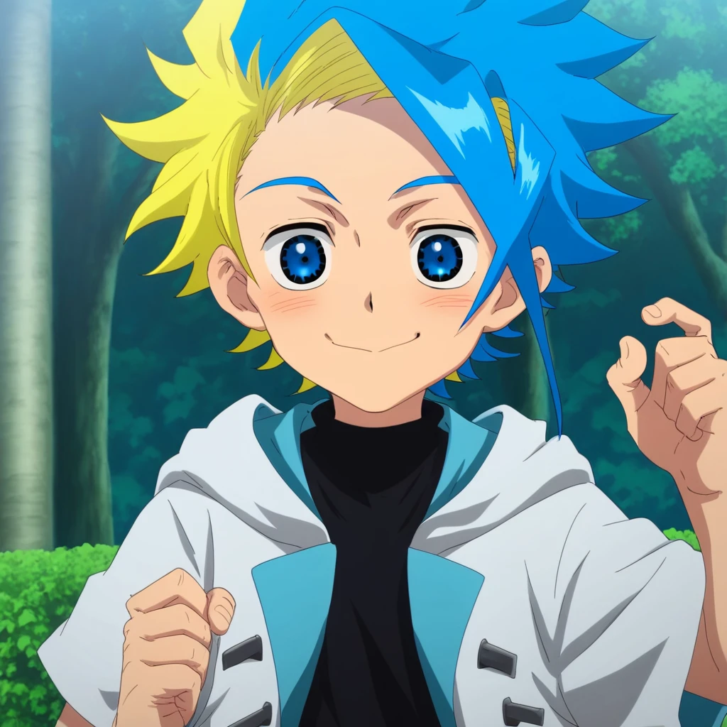 manga color,blush,manga,smile,1boy,solo,ekusu,two-tone hair,blue hair,yellow hair,pale skin,blue eyes,white hooded jacket,short sleeves,black tutleneck undershirt,