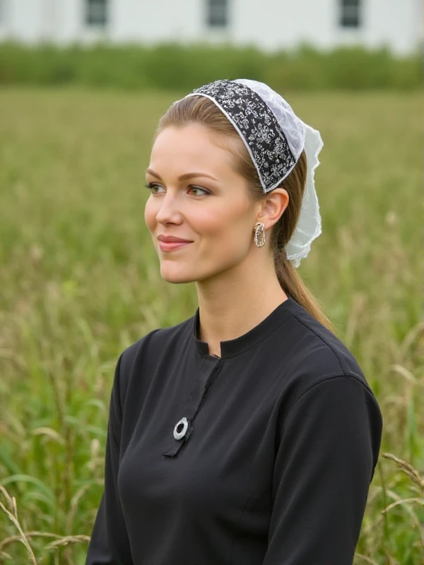 Rebecca Bowman is posing wearing black traditional amish costume and a white amish head ornement <lora:Rebecca_Bowman:0.9>