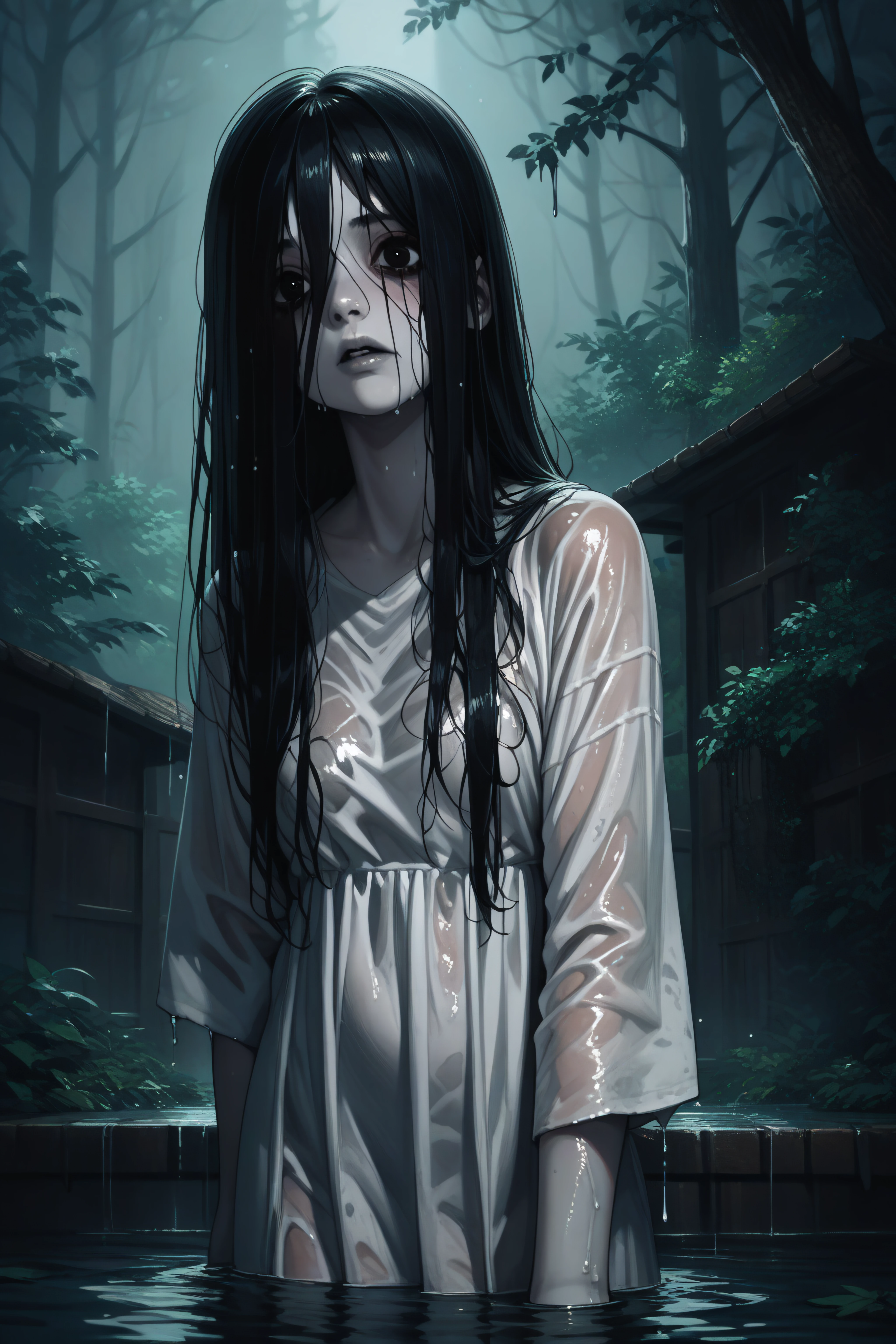 score_9, score_8_up, score_7_up, score_6_up, source_anime, <lora:yamamura sadako-PonyXL-lora-Faxtron:1> yamamura sadako, black eyes, black hair, long hair, pale skin, white dress, wet clothes, horror \(theme\),