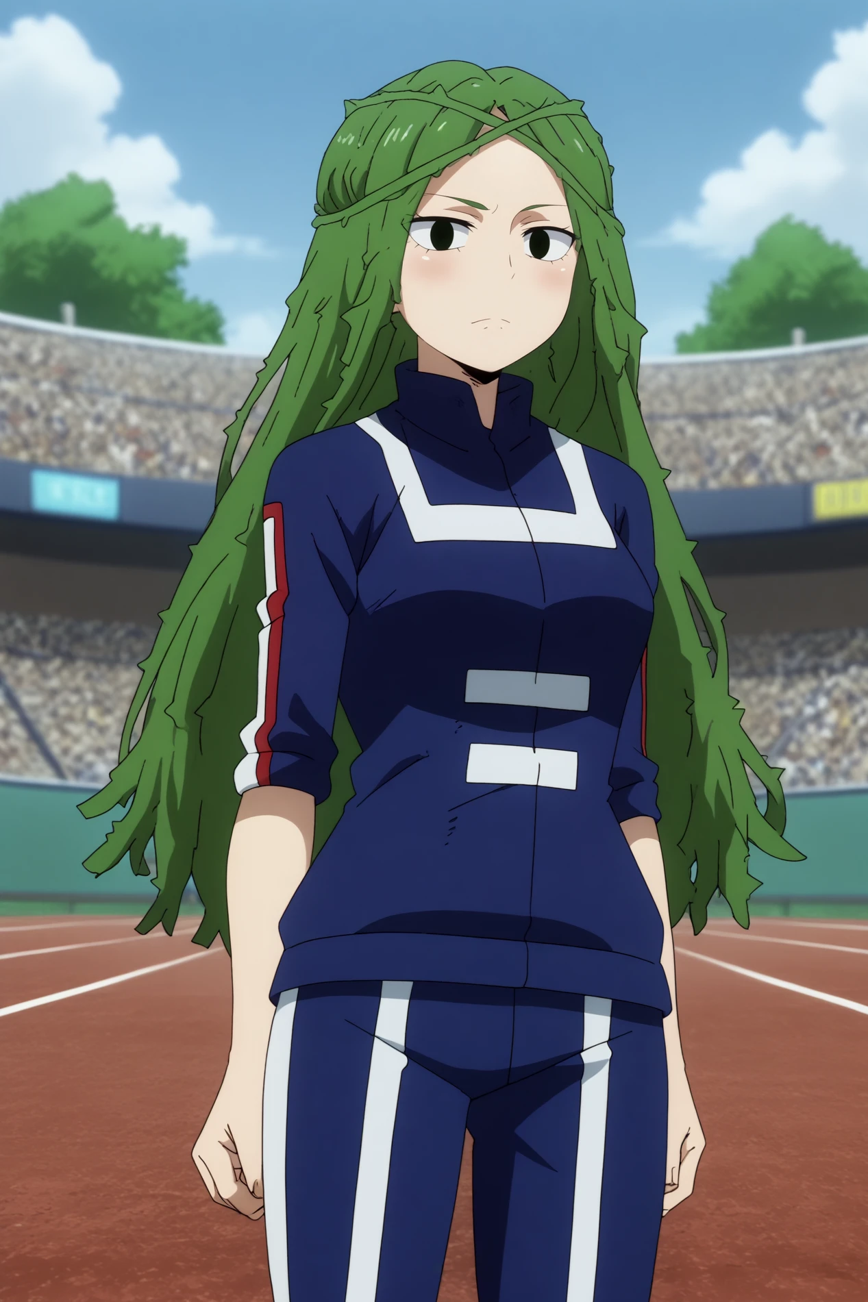  ibara shiozaki,1girl,solo,long hair,plant,track suit,vines,black eyes,sportswear,thorns,soccer uniform,cowboy_shot BREAK outdoors,open field,tall trees,school buildings, light breeze  arms behind back,  <lora:Ibara_Shiozaki_-_My_Hero_Academia.safetensors:0.8>