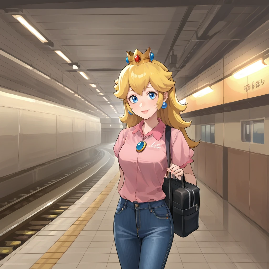 score_9, score_8_up, score_7_up, score_6_up, score_5_up, score_4_up, zPDXL2,source_anime,rating_questionable,1girl, princess peach, jeans, shirt, solo, suitcase, tourist, looking at viewer, cowboy shot, smile,  <lora:Subway_Station:0.8> sbw4y, indoors,railway tracks, lights, signs, shinkansen, bullet train