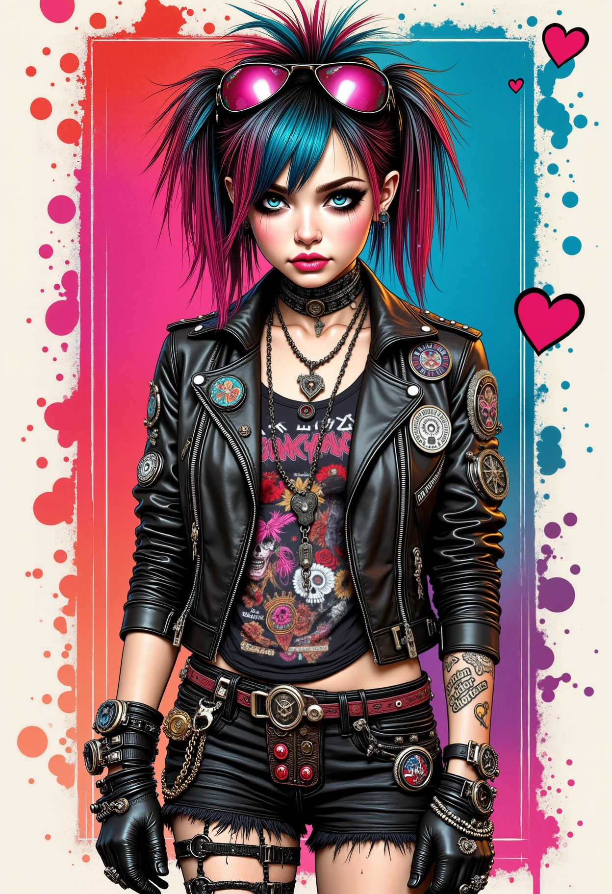 A striking illustration of a punk rocker girl with a realistic face, sporting edgy attire and an array of eye-catching accessories, channels the rebellious spirit of pop culture icons, complete with vibrant hair, chunky boots, and a leather jacket adorned with band patches that speak to her fierce individuality.