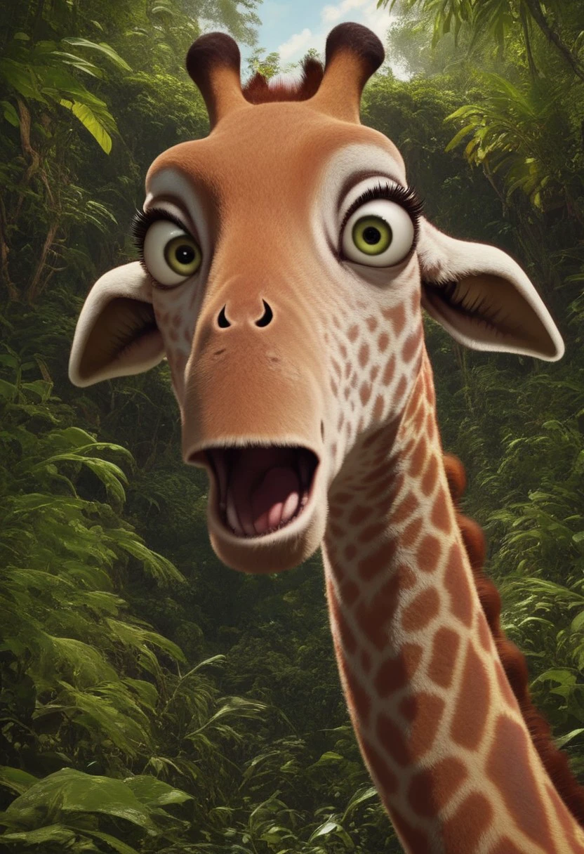 bridget (the wild), 1girl, female giraffe, feral, two-toned fur, cream fur, orange spots, green eyes, eyelashes, long neck, score_9_up, score_8_up, score_7_up, looking at viewer, fear, opened mouth, wide eyed, ultra detailed, detailed background, jungle background, masterpiece, best quality, 8k, realistic, 3d, portrait, full shot