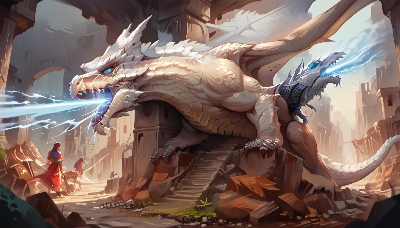 Masterpiece, score_9, score_8, score_7, highres, source_cartoon, 2.5D 
BREAK
detailed, Feral, dnd_dragon, dragon, whitedrg, (white scales:1.5),  breathing ice, beam of ice coming from mouth, (dragon tail), ruins background, membraned wings, wings,