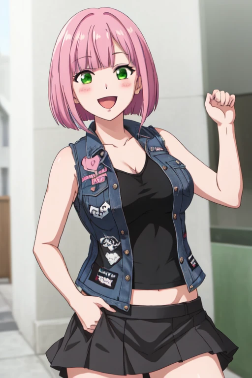 <lora:dsbtlvst-14:0.6> dsbtlvst, denim vest, colorful patches, black skirt, :d, 1girl, pink hair, medium bob, green eyes, large breasts, tank top