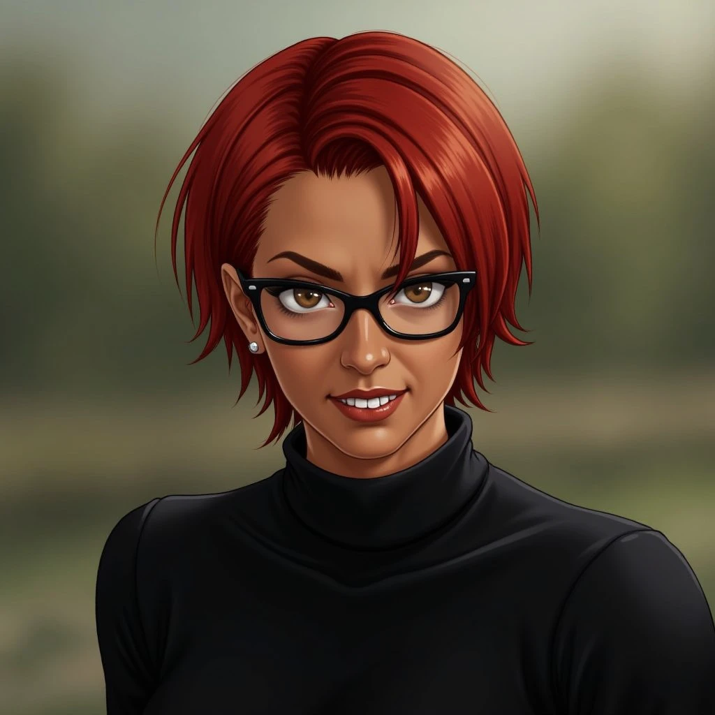 evil smile,portrait,1woman,glasses,((tanned skin)),short hair,red hair, brown eyes,black sweater,outdoors,Serene atmosphere