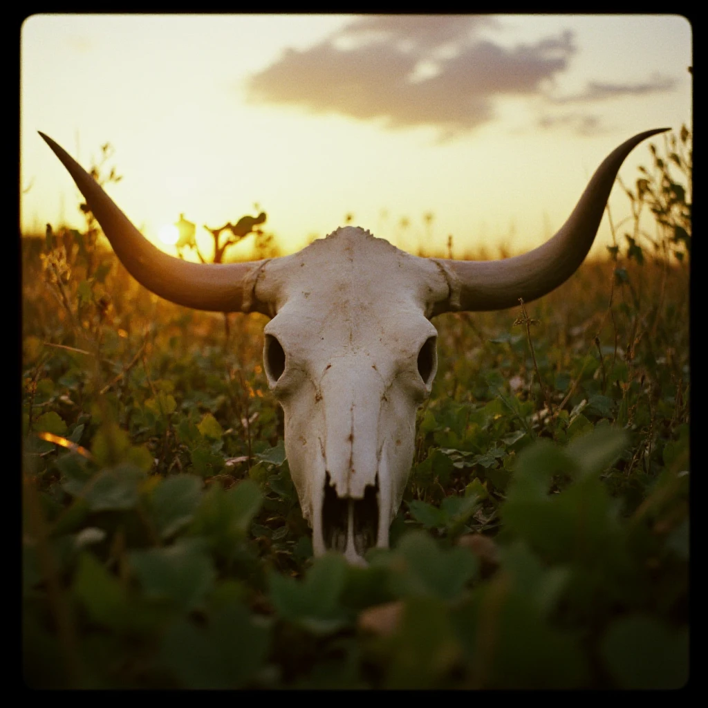 cinematic film still of  <lora:digital cinematography style v1-step00001950:0.9>
A cinematic realism kodak VISION3 500T footage of a cow skull is sitting in the grass, detailed background, vivid color, cinematic shadows, cinematic color, chiaroscuro, perfect cinematic image, perfect body, perfect anatomy, sharp image, detailed image, high quality photography, cinematic skin tone color, cinematic skin pore, cinematic photography style, digital cinematography style, outdoors, tree, no humans, border, plant, scenery, sky, leaf, grass, sunset, black border, realistic, aircraft, airplane, vehicle focus, skull, cloud, blurry
, shallow depth of field, vignette, highly detailed, high budget, bokeh, cinemascope, moody, epic, gorgeous, film grain, grainy