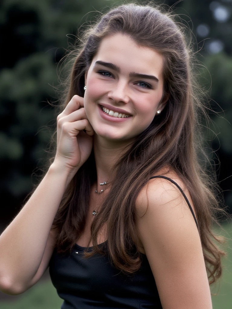 <lora:brooke-shields:1.2> , female , posing for photographer, thin, tall,, smiling, happy,